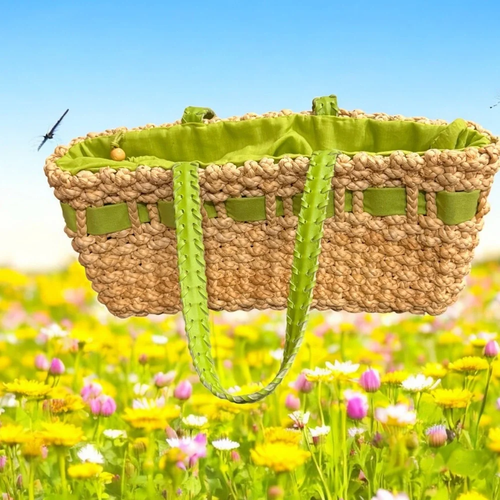 Green and Tan Beach Tote with Sturdy Handles